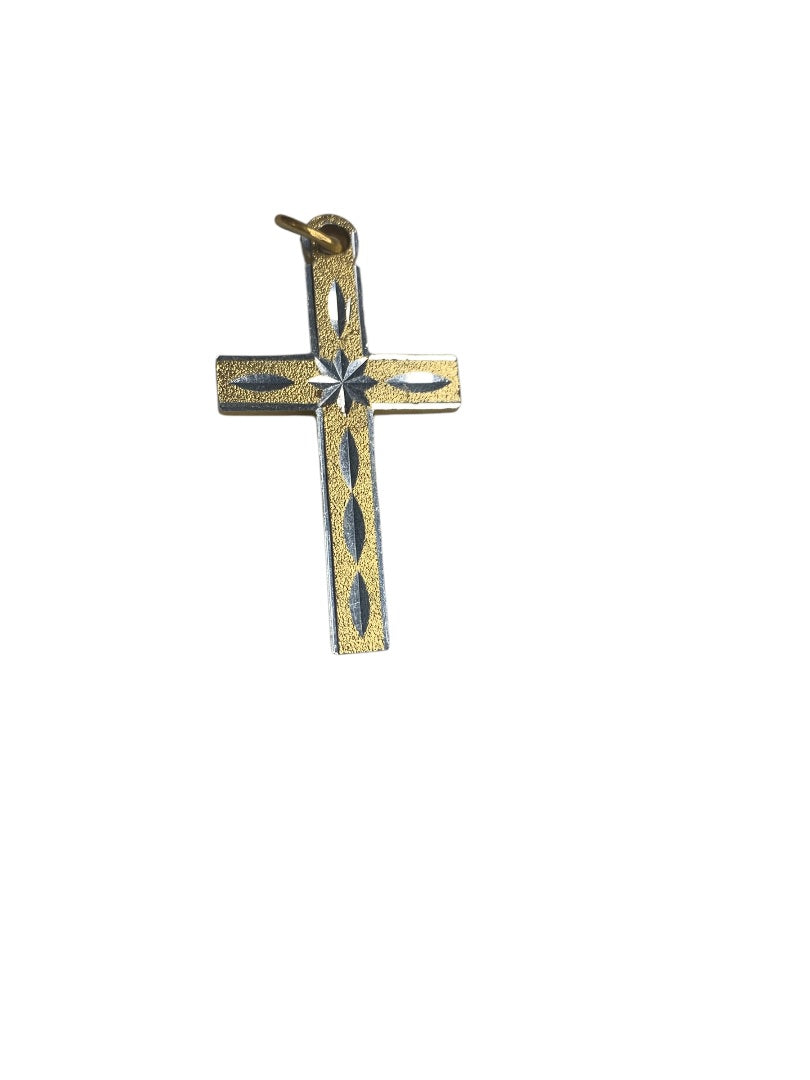 Religious Cross Pendant Goldtone Textured and Silvertone 1.8 Inch