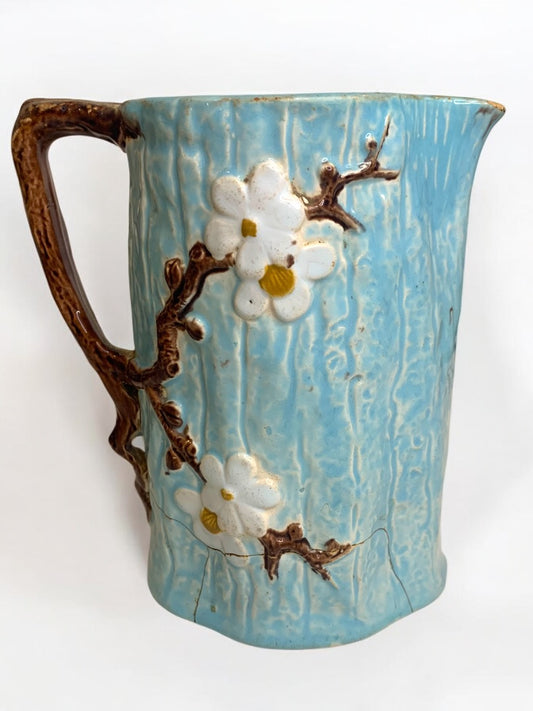 Joseph Holdcroft Antique Majolica 5.5 Inch Pitcher Dogwood Blue