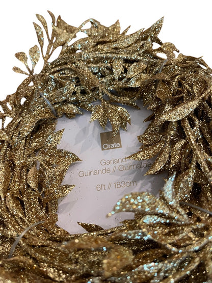 Crate & Barrel Gold Glitter Leaf 6 ft Garland New 667-487