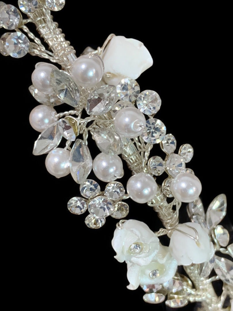 Silvertone and White Floral Girls Headband First Communion Formal Crystal