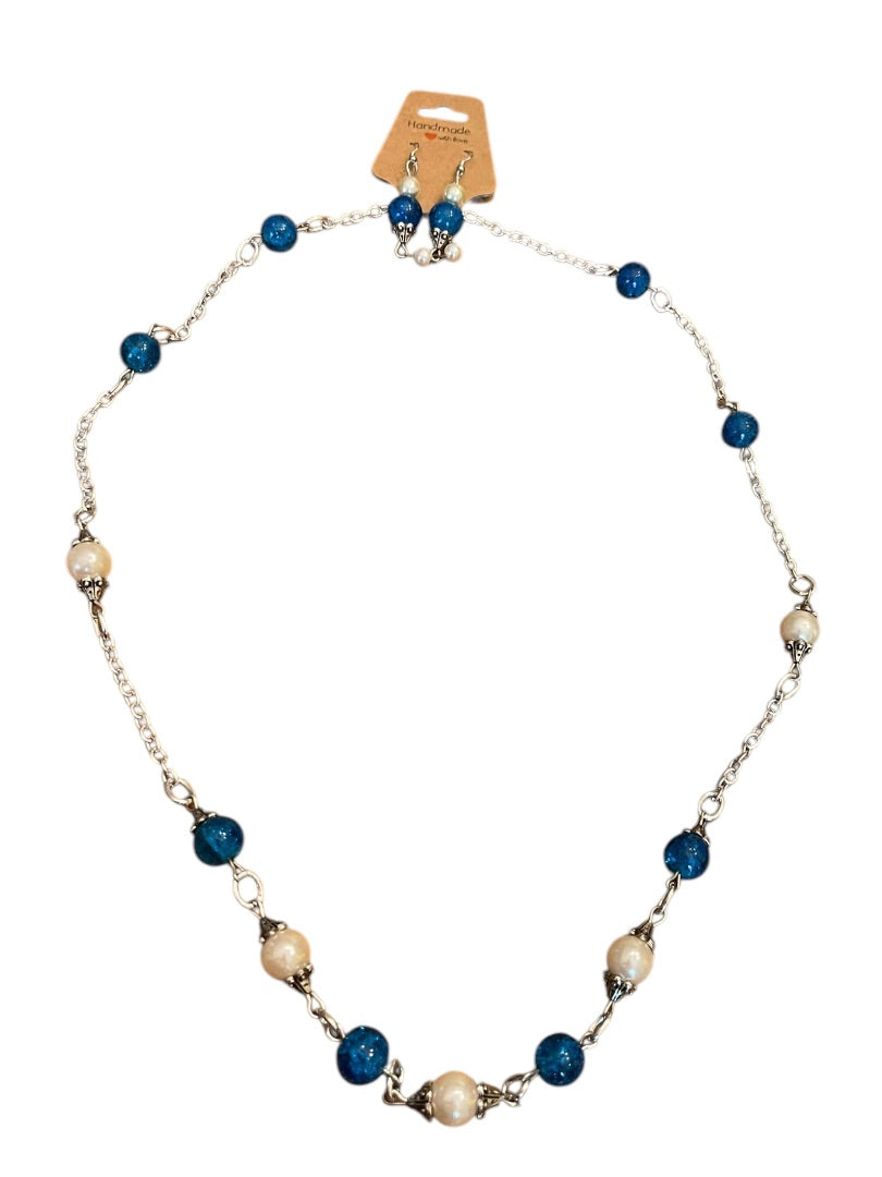 Kavitas Handicraft Beaded New Beaded Jewelry Set Blue Silvertone Necklace Earrings