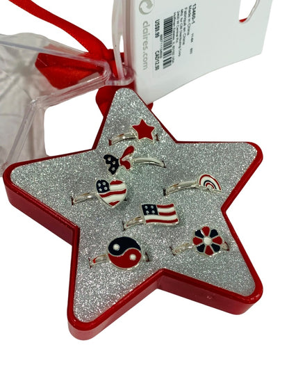 Claires New Set of 7 Adjustable Rings Patriotic USA Silvertone