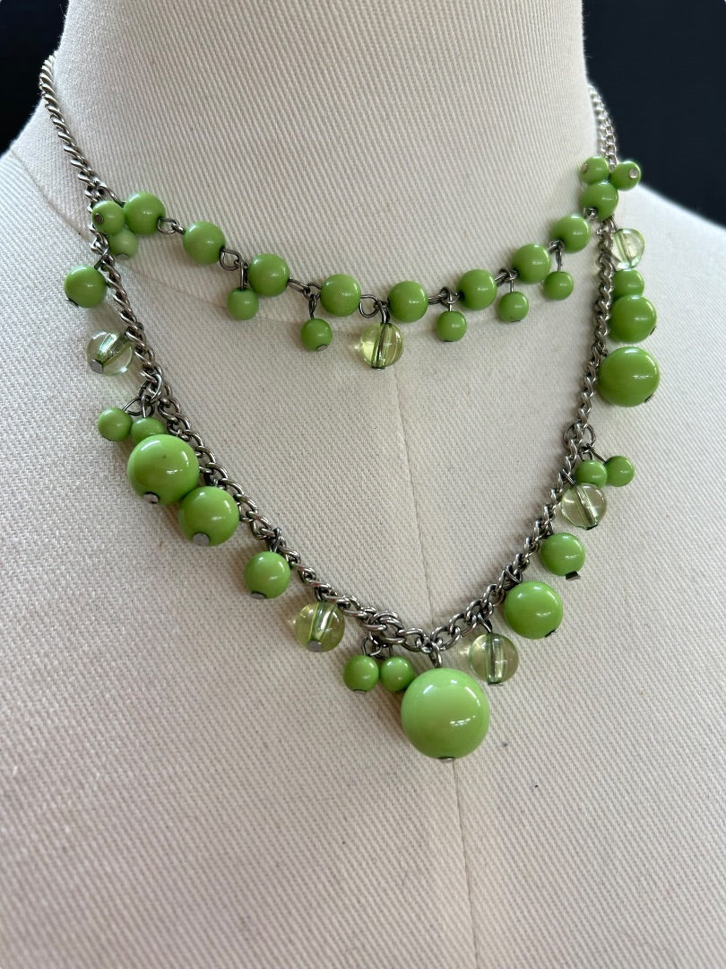 Tiered Kiwi Green Silvertone Statement Necklace 3.5" Drop Lobster Clasp