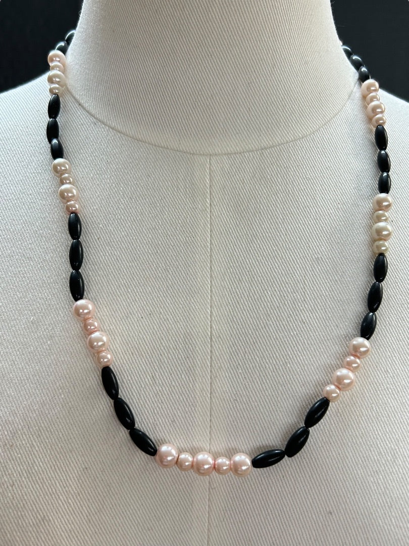 Faux Pink Pearl Black Bead 24 Inch Necklace Spring Clasp Lobster Clasp
