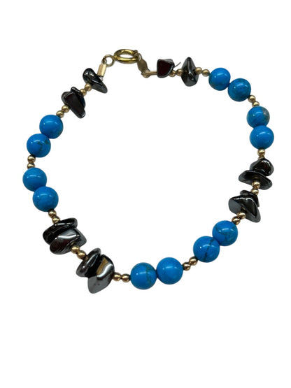 Beaded 7 Inch Spring Clasp Bracelet Turquoise Amethyst Goldtone