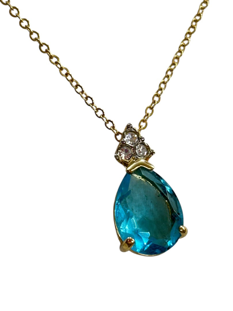 Goldtone 17 Inch Chain with Blue Acrylic Marquis Pendant Spring Closure
