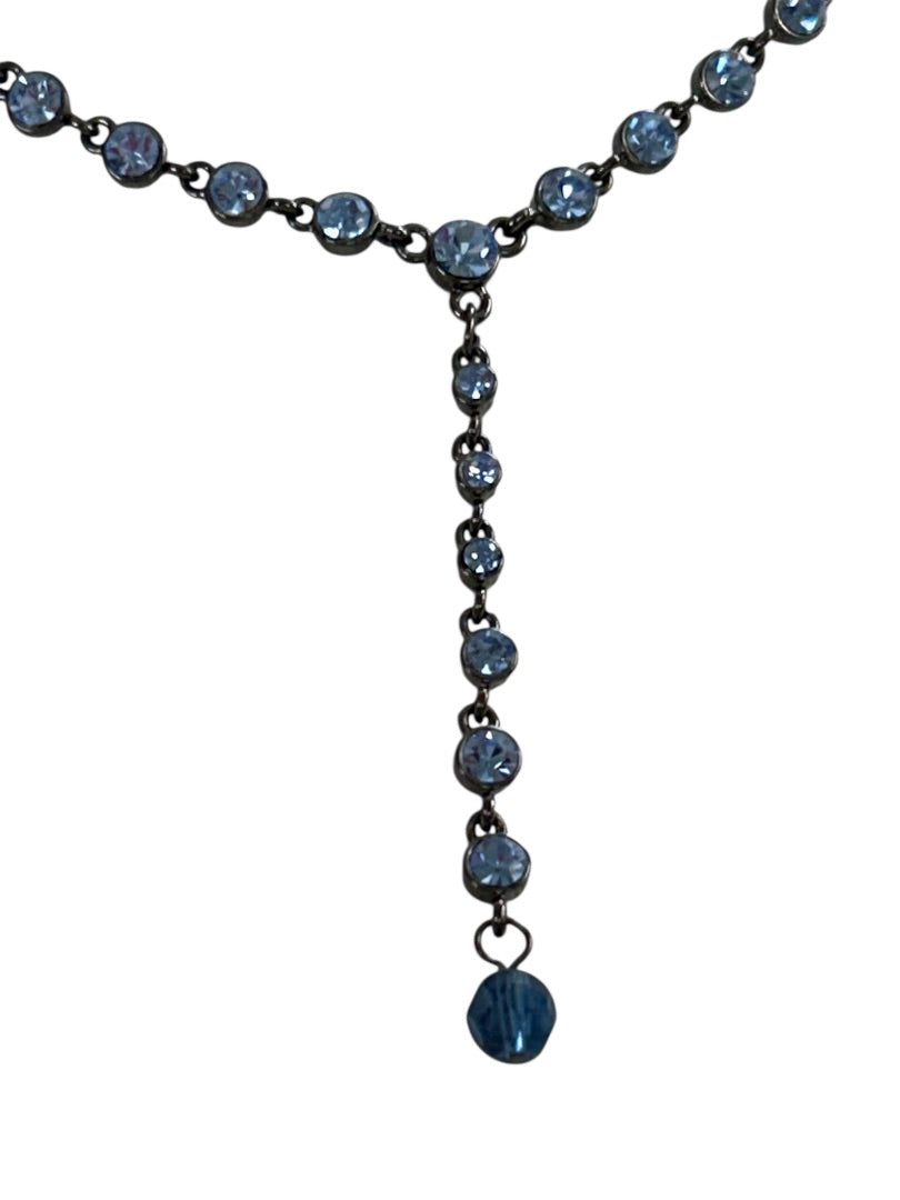 Pewter Color and Blue Crystal Necklace 15 Inch Chain 2" Drop
