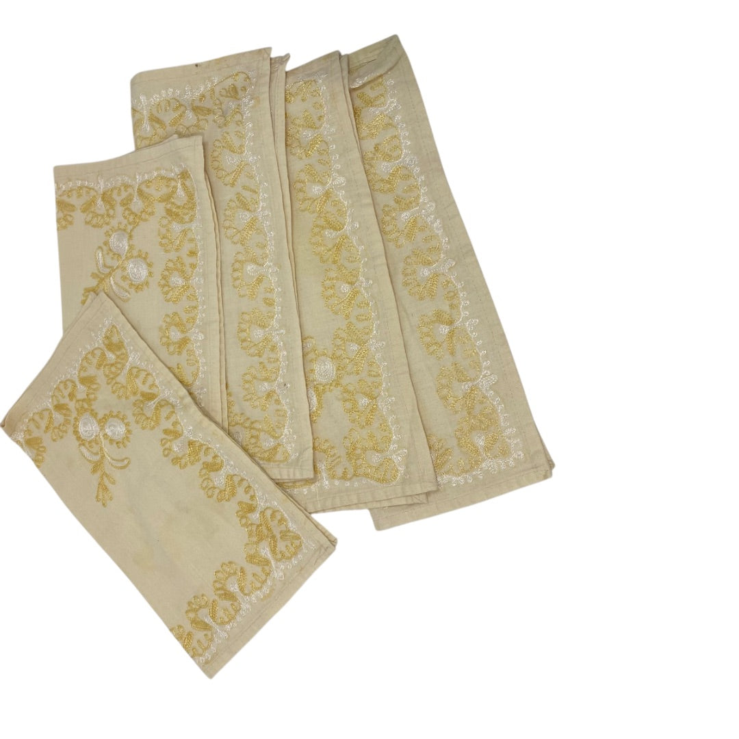 Vintage Set of 5 Embroidered Intricate Cloth Napkins 11 x 13 Inches