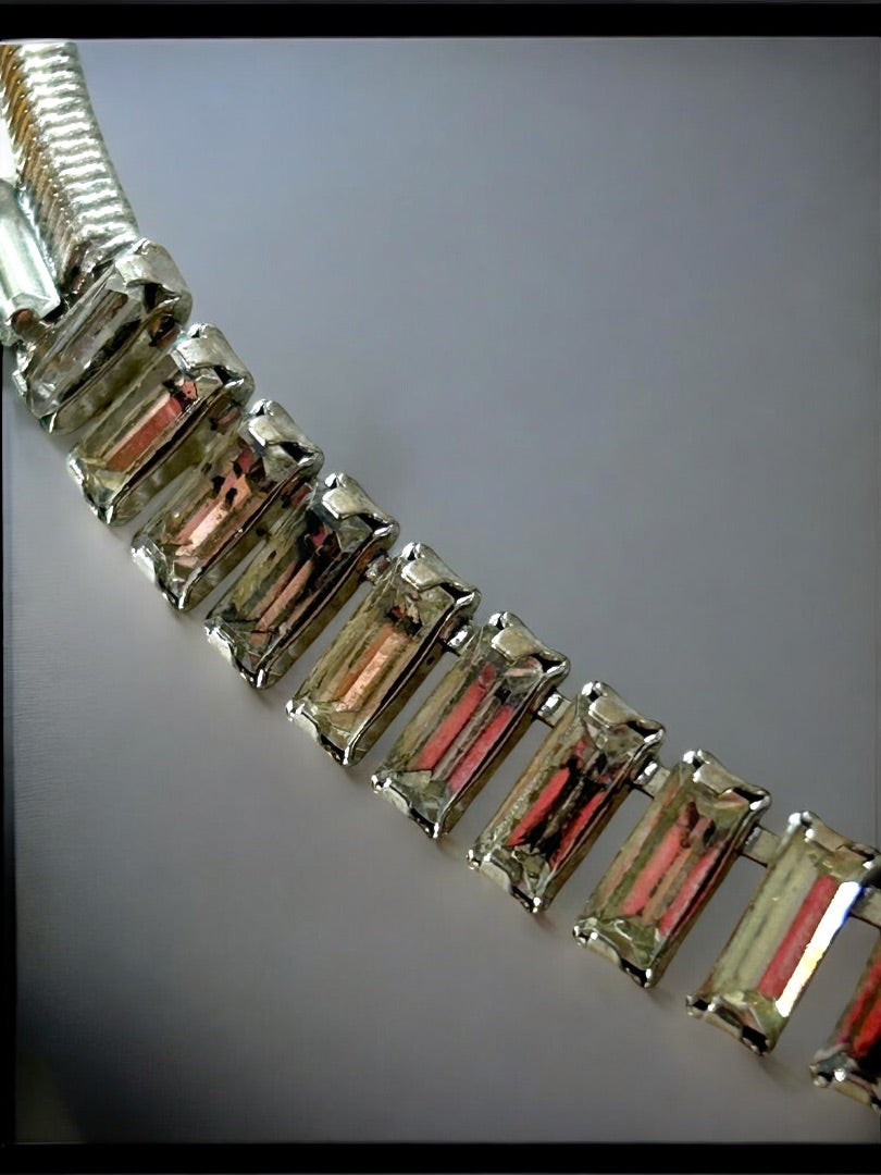 Vintage Emerald Cut Rhinestone Necklace on Snake Chain 16 Inch Box Clasp