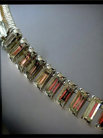 Vintage Emerald Cut Rhinestone Necklace on Snake Chain 16 Inch Box Clasp