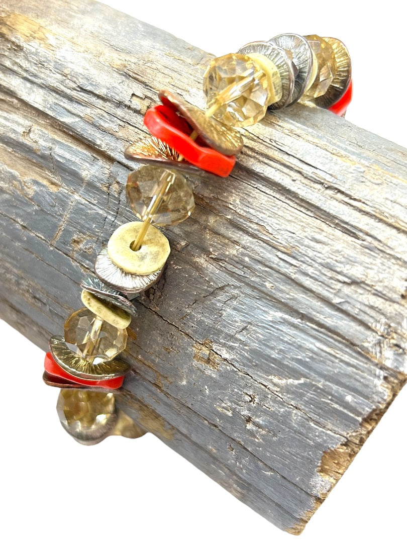 Chunky Stretch Bracelet Goldtone Orangey Artsy Stretchy