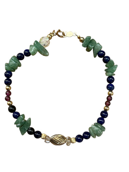 Beaded and Chip Stone 7 Inch Bracelet Green Blue Goldtone Spring Clasp