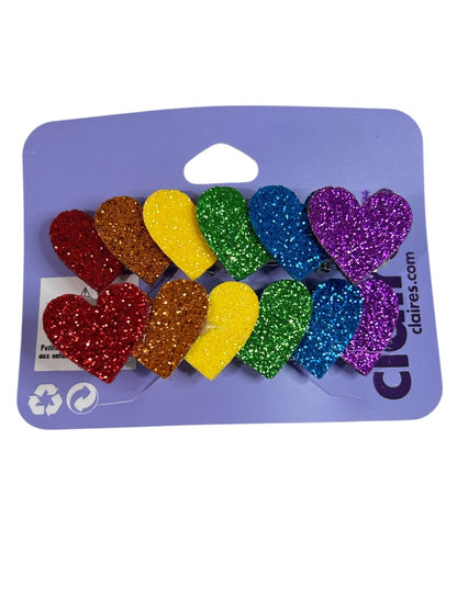 Claires New Rainbow Heart Sparkly Set of 2 Hair Clips 3 Inch