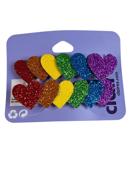 Claires New Rainbow Heart Sparkly Set of 2 Hair Clips 3 Inch
