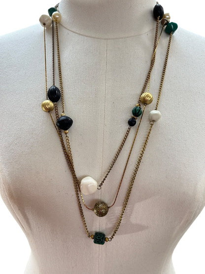 Goldtone Tiered Necklace Green White Black Beads 26 Inch