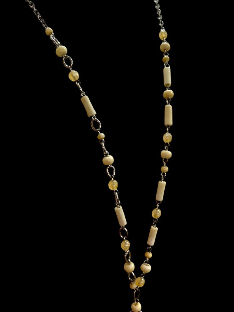 Silvertone Beaded Necklace 34 Inch 5 Inch Drop Cream Beads