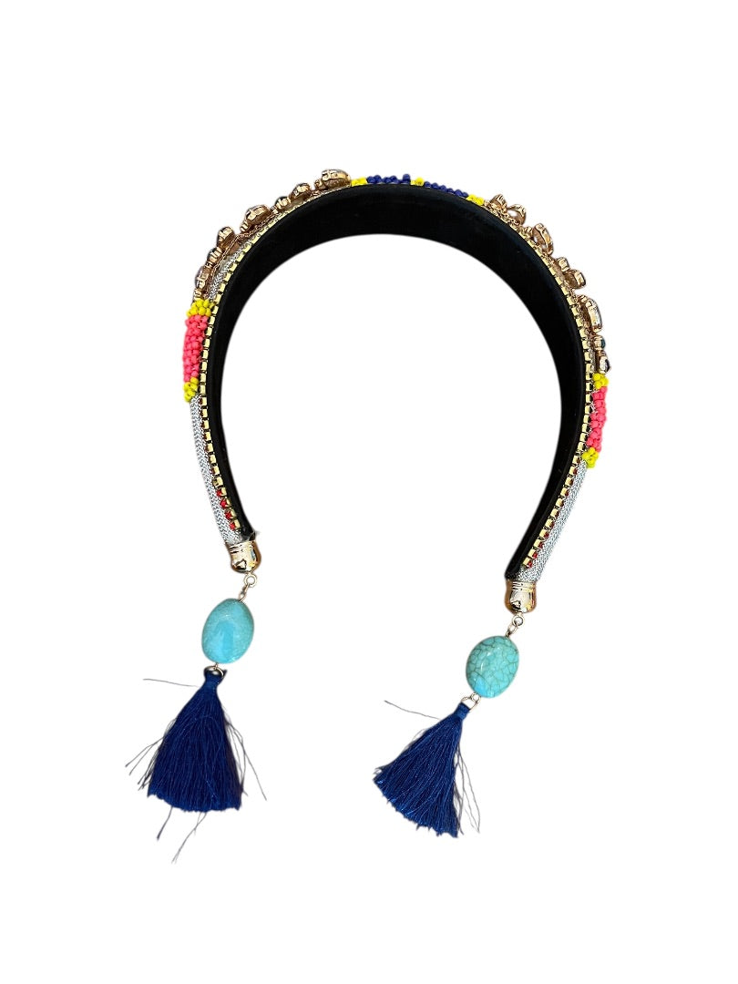 Colorful Rhinestone Jeweled Padded Headband Tassels