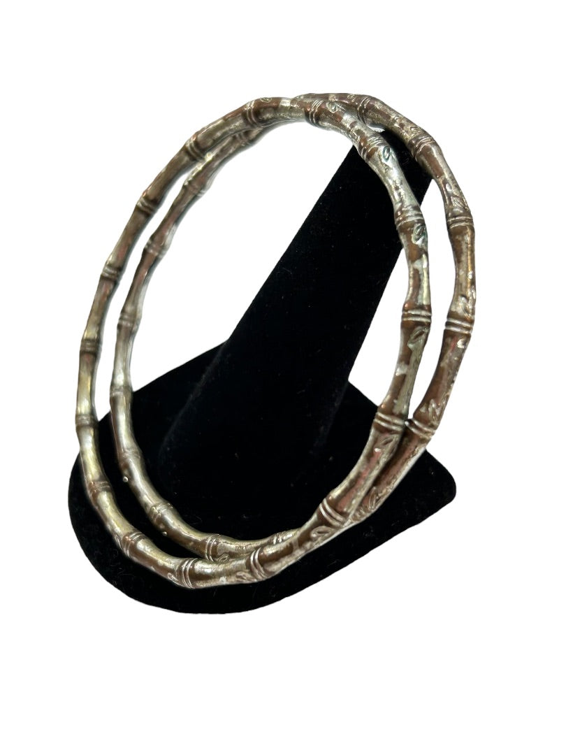 Set of 2 Distressed Silvertone Bangle Bracelets Bamboo Design 2.5 Inch