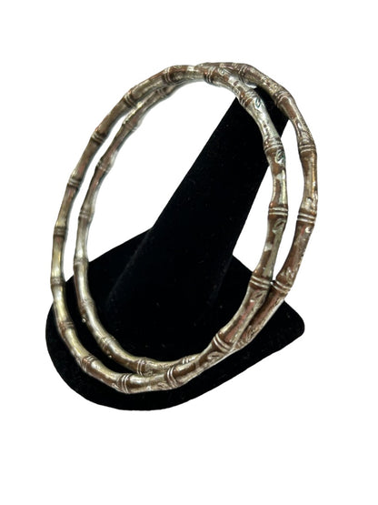 Set of 2 Distressed Silvertone Bangle Bracelets Bamboo Design 2.5 Inch