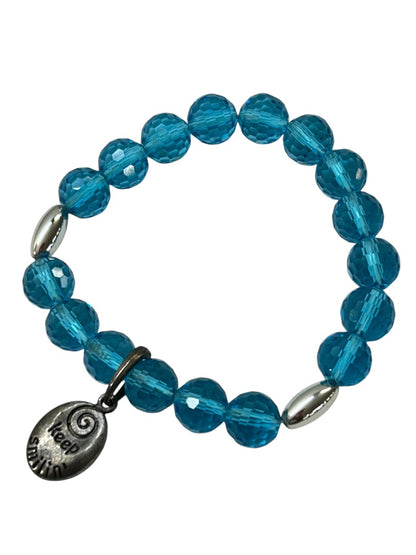 Stretch Bracelet Teal "Keep Smilin'" Charm Acrylic Faceted