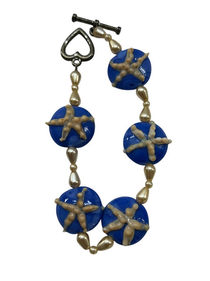 Blue Glass Beaded Starfish Bracelet Toggle Clasp 7.75 Inch