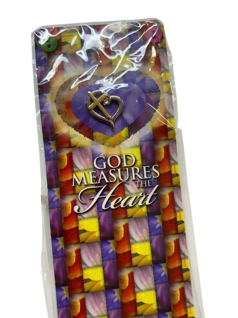 Religious Pin on Prayer Card Heart Cross God Measures Heart Goldtone