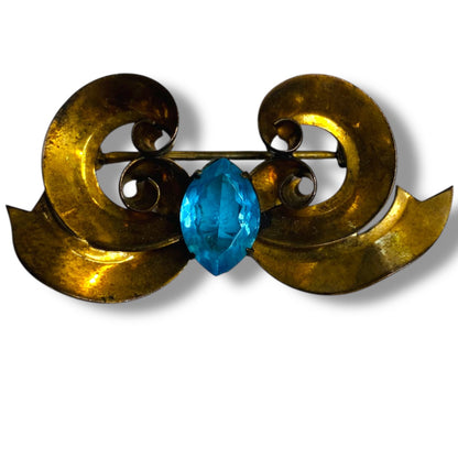 Vintage White Co Signed Gold Filled Brooch 1.75 Inch Bow Swirl Aqua