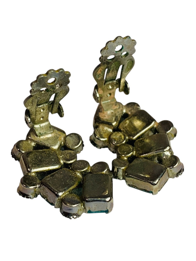 Signed Weiss Blue Crystal Earrings Clip On Non-Pierced 1.25 Inch Silvertone