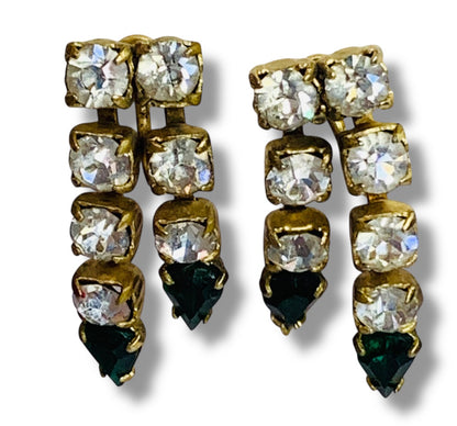 Vintage Clip On Screwback Earrings Goldtone Rhinestone Green 1.1 Inch Drop