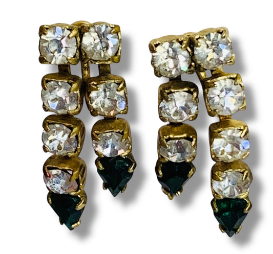 Vintage Clip On Screwback Earrings Goldtone Rhinestone Green 1.1 Inch Drop