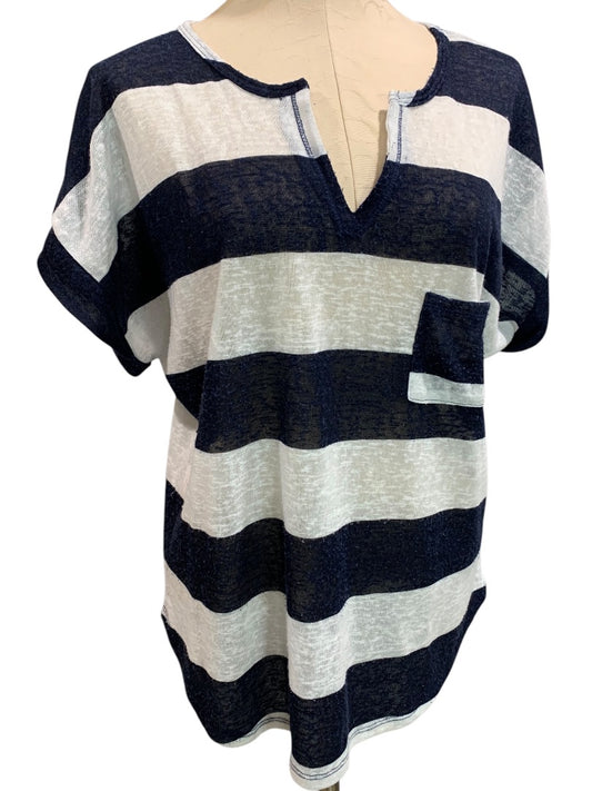 XL Petite Womens Navy Blue White Striped Lightweight Sheer Sweater V-Neck Pocket