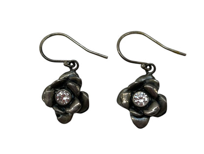 Sterling Silver 925 Fish Hook Pierced Flower Earrings Isreal 1" Drop