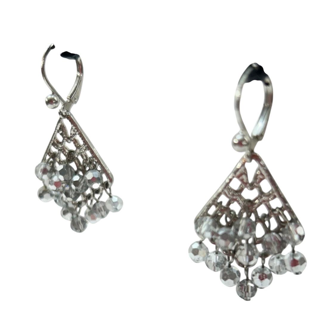 Silvertone Leverback Earrings Gray Crystals 1.5 Inch Drop Dangle