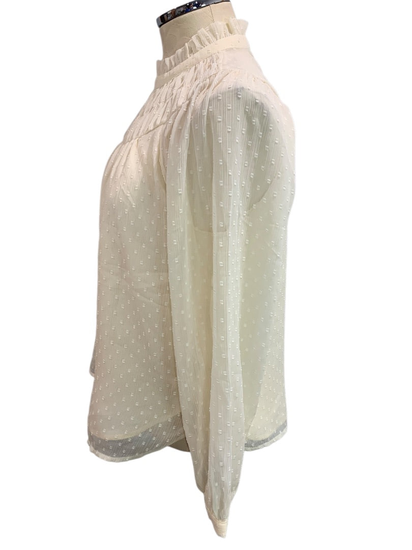 Small Petite Loft Ivory Womens Blouse Flowy Long Sleeve Lined Shirt Sheer Sleeve