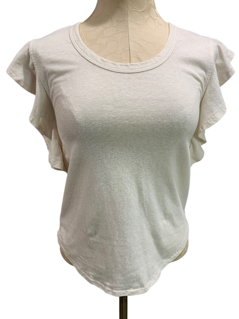 XS Loft Womens Off White Ruffle Sleeve Tshirt Top Scoop Neck