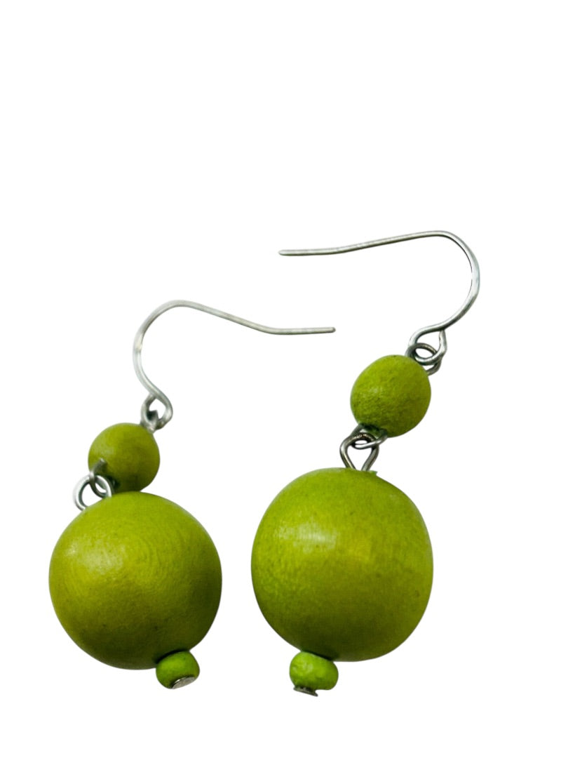 Lime Green Wooden Beaded Fishhook Earrings 1.5" Drop Dangle Pierced