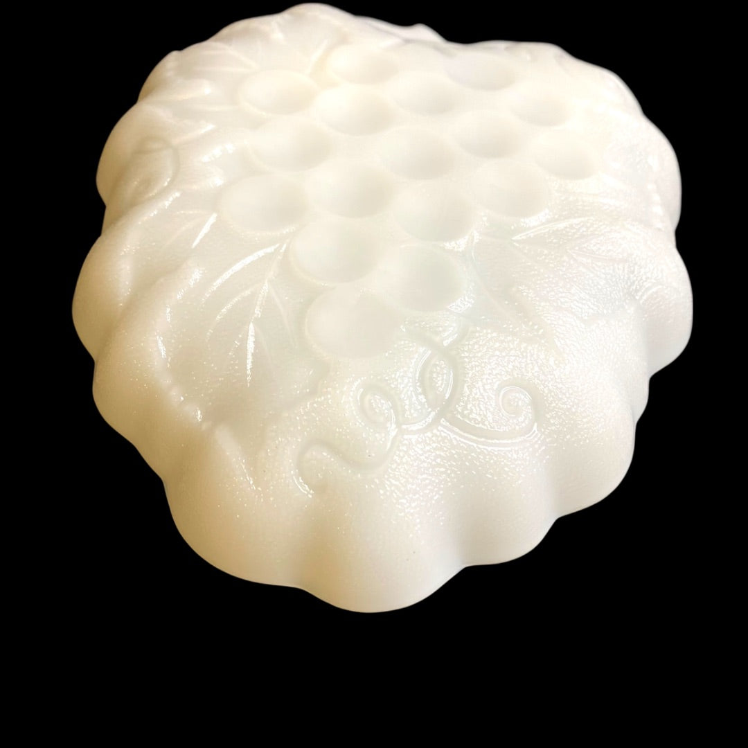 Hazel-Atlas Opaque Milk Glass Candy Dish Strawberry Grape 7" Sticker
