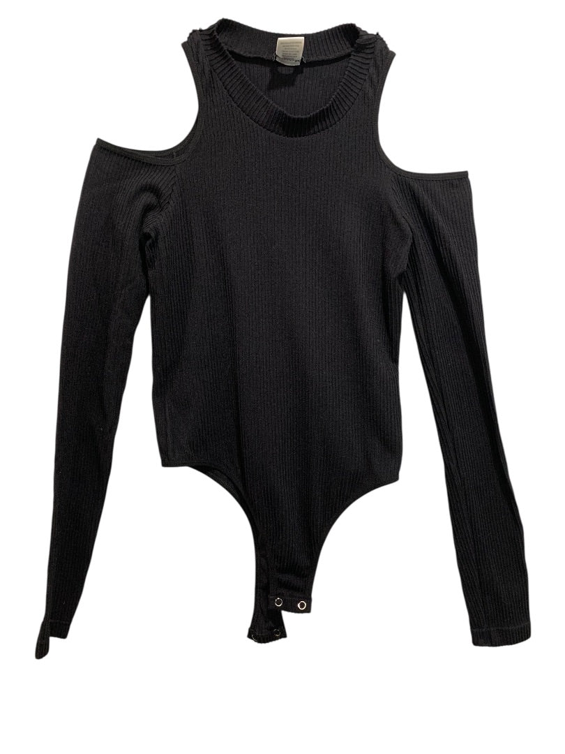 M/L Fashion Nova Womens Black Ribbed Bodysuit Cold Shoulder