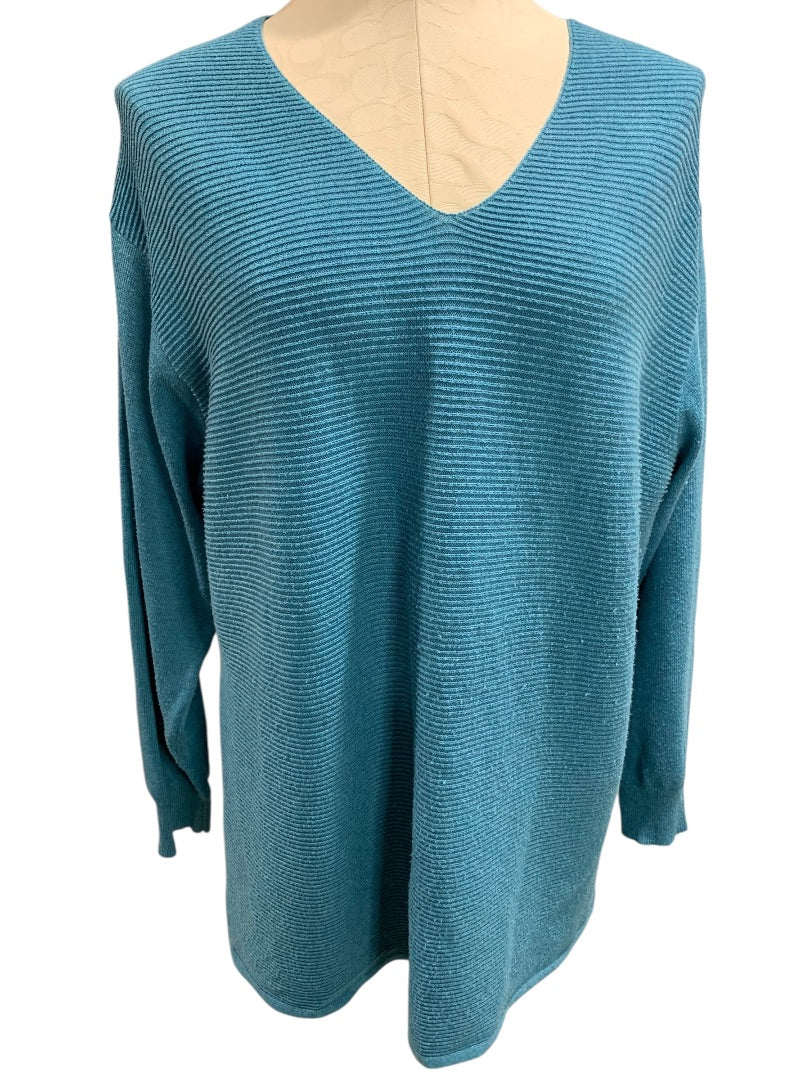 XL Ella Moss Womens V-Neck Sweater Teal Horizontal Ribbed Knit