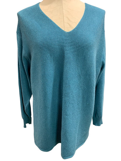 XL Ella Moss Womens V-Neck Sweater Teal Horizontal Ribbed Knit