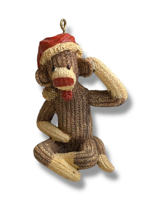 Sock Monkey Ornament 3 Inch Resin Textured Christmas Santa Hat