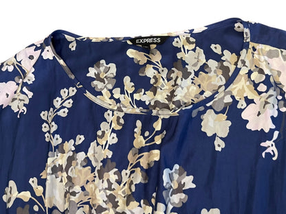 Large Express Floral Scoop Neck Elastic Waist Mini Dress Blue Pockets