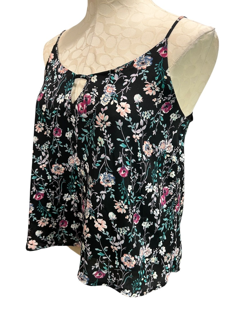 Small Lush Womens Navy Blue Floral Print Sleeveless Blouse Keyhole Neckline
