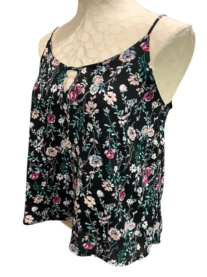 Small Lush Womens Navy Blue Floral Print Sleeveless Blouse Keyhole Neckline