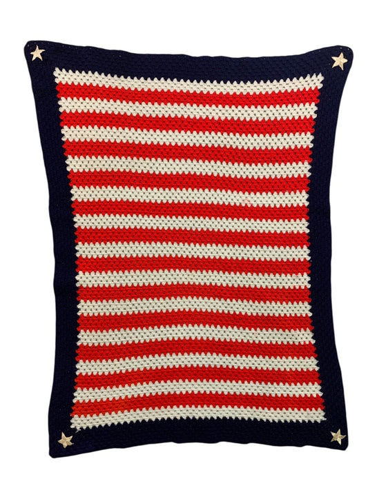 Vintage Crochet Patriotic USA Throw Blanket Afghan Stars Stripes 55" x 41"