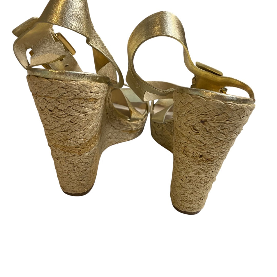 10 Michael Kors Giovanna Gold Strappy Wedge Sandals Metallic 5" Espadrilles