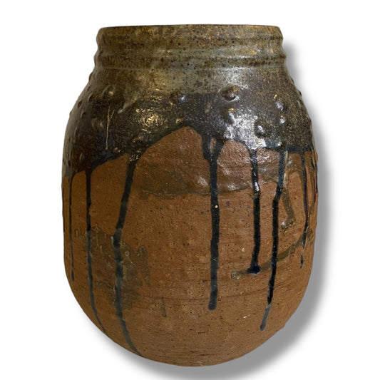 Vintage Hand Thrown Pottery Drip Glaze Vase Jar 10"h