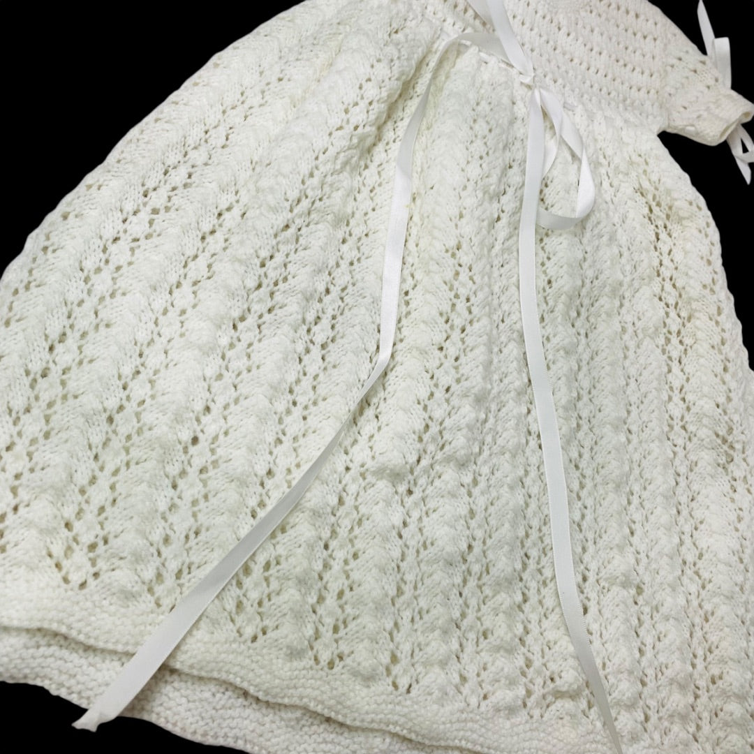 Vintage Infant Baby Dress Hand Crochet Knit White Ribbon Detail