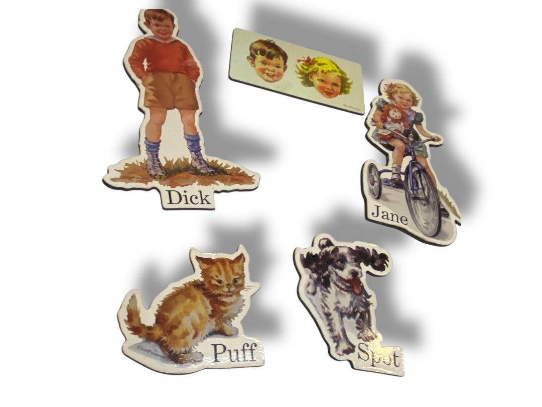 Set of 5 Dick and Jane Retro Magnets Scott Foresman Die-Cut Spot Puff