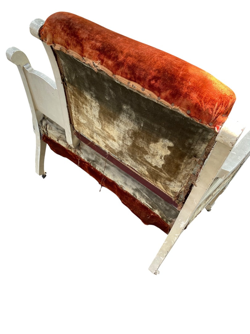 Antique Victorian Cottage Settee Chair Velvet Carved Wood Casters